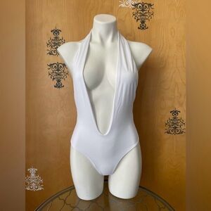 NWT White Halter Neck Plunge One Piece Cut Out Swimsuit Small MADE IN Canada